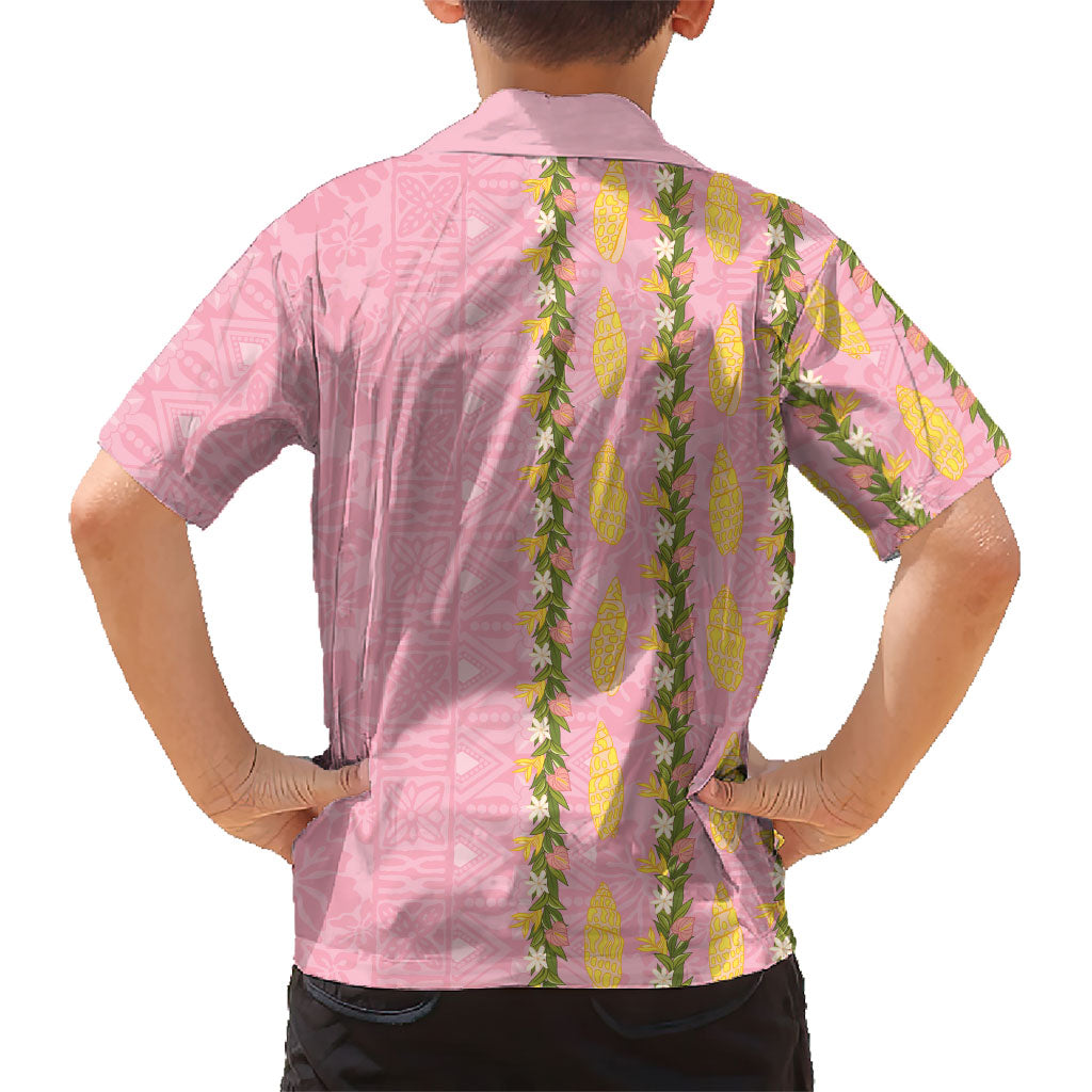 Hawaii Shell Tiare Anthurium Heliconia Lei Family Matching Long Sleeve Bodycon Dress and Hawaiian Shirt With Tapa Pattern Baby Pink