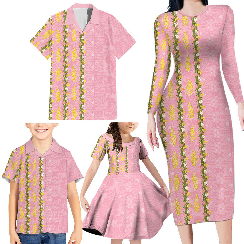 Hawaii Shell Tiare Anthurium Heliconia Lei Family Matching Long Sleeve Bodycon Dress and Hawaiian Shirt With Tapa Pattern Baby Pink LT05 - Polynesian Pride