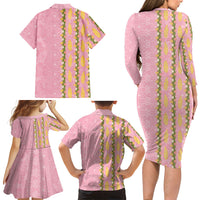 Hawaii Shell Tiare Anthurium Heliconia Lei Family Matching Long Sleeve Bodycon Dress and Hawaiian Shirt With Tapa Pattern Baby Pink