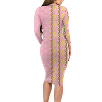 Hawaii Shell Tiare Anthurium Heliconia Lei Family Matching Long Sleeve Bodycon Dress and Hawaiian Shirt With Tapa Pattern Baby Pink