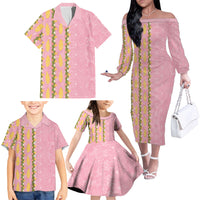Hawaii Shell Tiare Anthurium Heliconia Lei Family Matching Off The Shoulder Long Sleeve Dress and Hawaiian Shirt With Tapa Pattern Baby Pink
