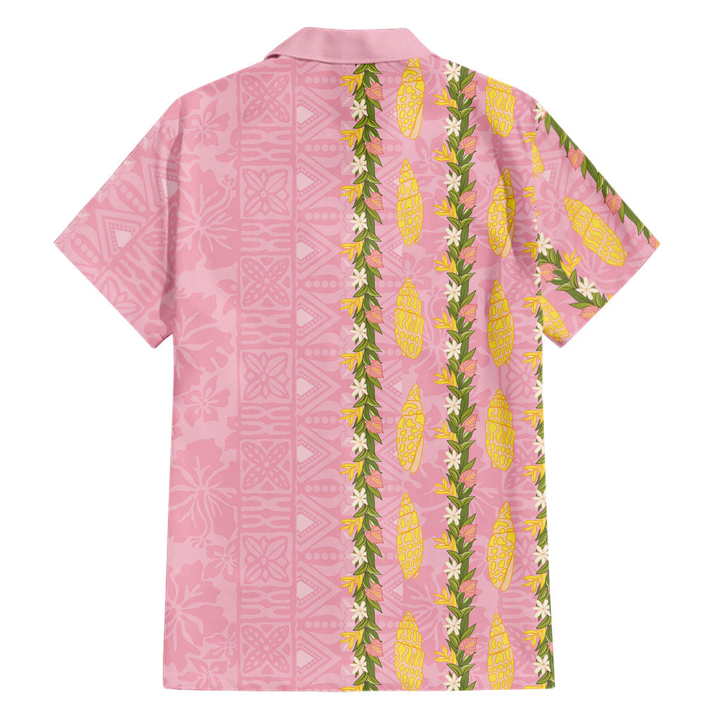 Hawaii Shell Tiare Anthurium Heliconia Lei Family Matching Off The Shoulder Long Sleeve Dress and Hawaiian Shirt With Tapa Pattern Baby Pink