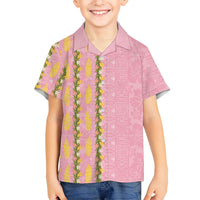Hawaii Shell Tiare Anthurium Heliconia Lei Family Matching Off The Shoulder Long Sleeve Dress and Hawaiian Shirt With Tapa Pattern Baby Pink