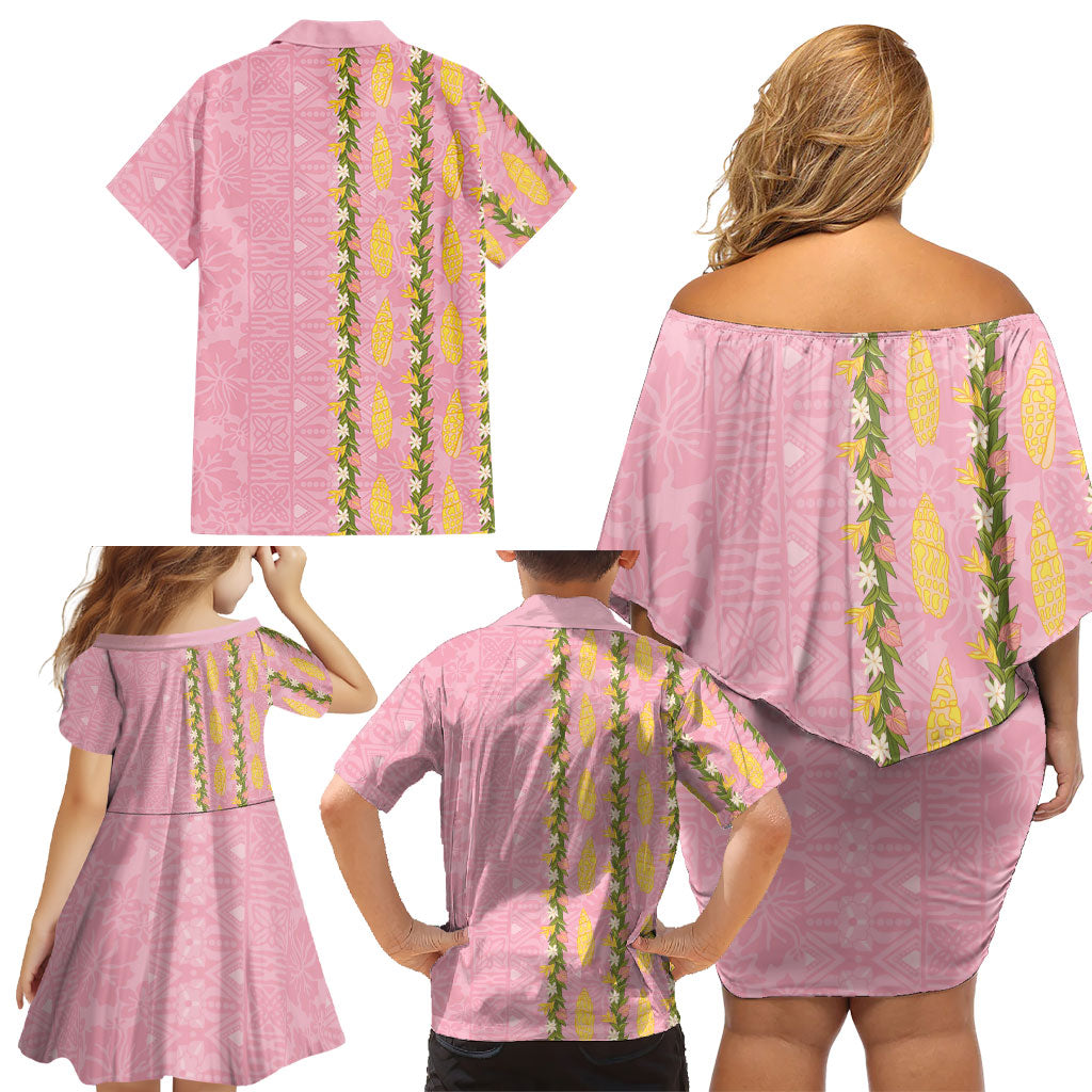 Hawaii Shell Tiare Anthurium Heliconia Lei Family Matching Off Shoulder Short Dress and Hawaiian Shirt With Tapa Pattern Baby Pink