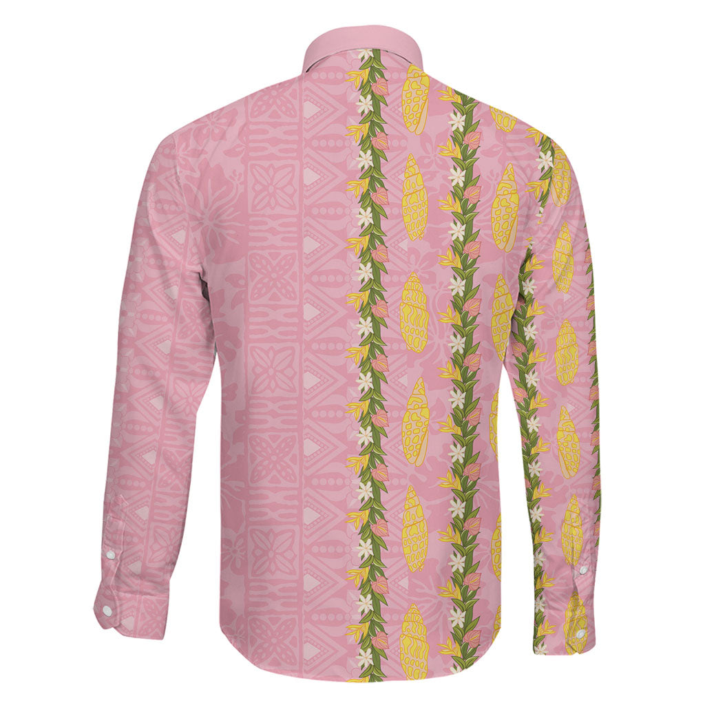 Hawaii Shell Tiare Anthurium Heliconia Lei Family Matching Off Shoulder Short Dress and Hawaiian Shirt With Tapa Pattern Baby Pink