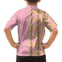 Hawaii Shell Tiare Anthurium Heliconia Lei Family Matching Short Sleeve Bodycon Dress and Hawaiian Shirt With Tapa Pattern Baby Pink