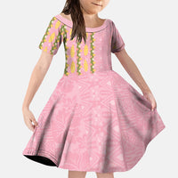 Hawaii Shell Tiare Anthurium Heliconia Lei Family Matching Short Sleeve Bodycon Dress and Hawaiian Shirt With Tapa Pattern Baby Pink