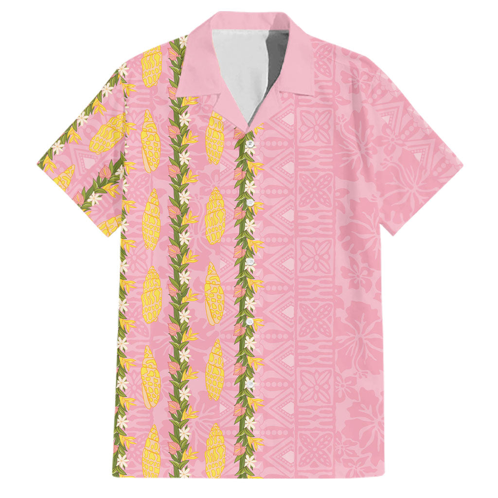 Hawaii Shell Tiare Anthurium Heliconia Lei Family Matching Short Sleeve Bodycon Dress and Hawaiian Shirt With Tapa Pattern Baby Pink