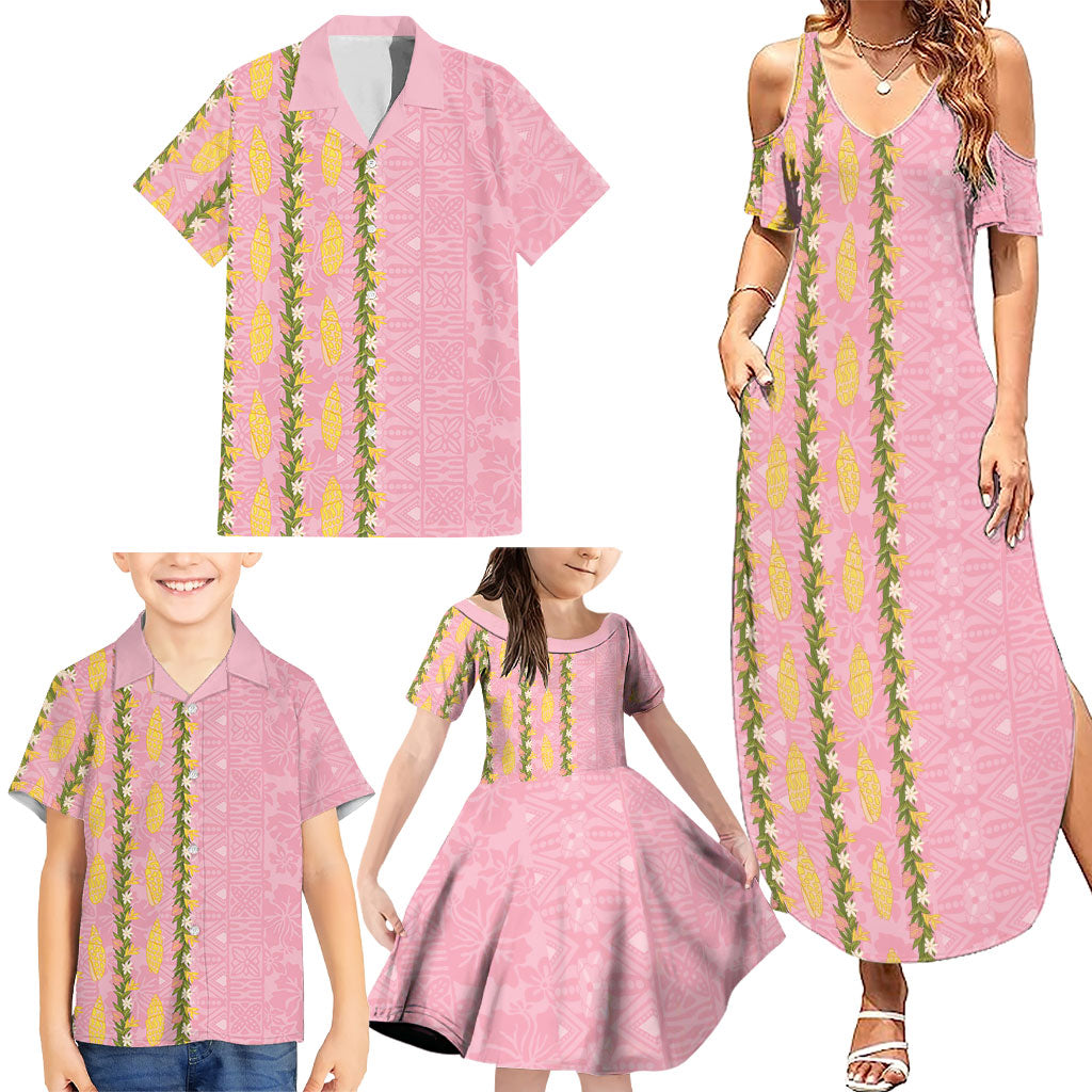 Hawaii Shell Tiare Anthurium Heliconia Lei Family Matching Summer Maxi Dress and Hawaiian Shirt With Tapa Pattern Baby Pink LT05 - Polynesian Pride