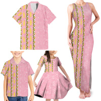 Hawaii Shell Tiare Anthurium Heliconia Lei Family Matching Tank Maxi Dress and Hawaiian Shirt With Tapa Pattern Baby Pink