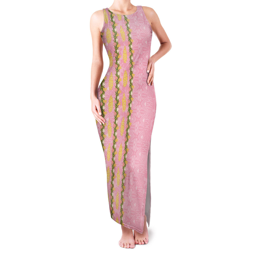 Hawaii Shell Tiare Anthurium Heliconia Lei Family Matching Tank Maxi Dress and Hawaiian Shirt With Tapa Pattern Baby Pink