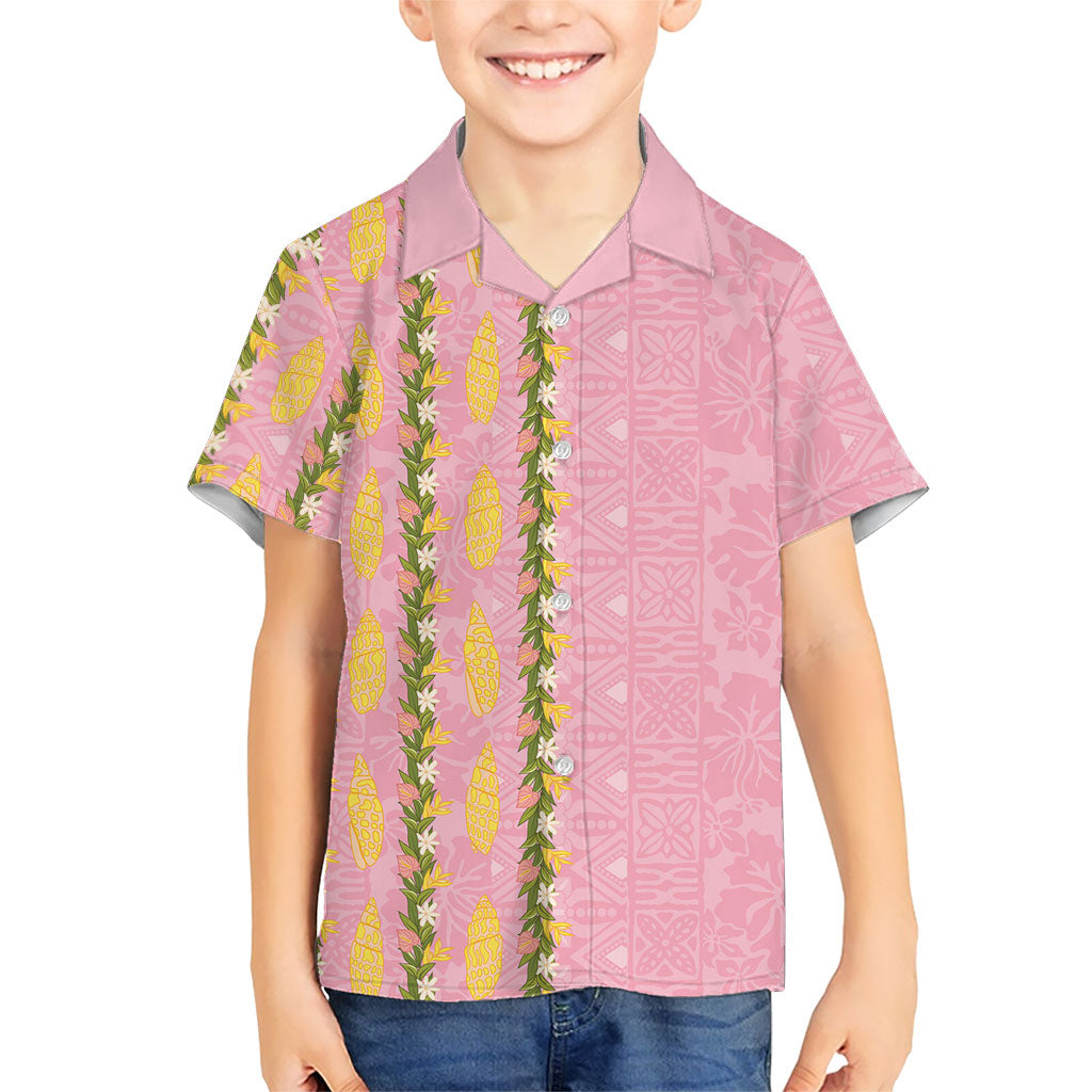 Hawaii Shell Tiare Anthurium Heliconia Lei Family Matching Tank Maxi Dress and Hawaiian Shirt With Tapa Pattern Baby Pink