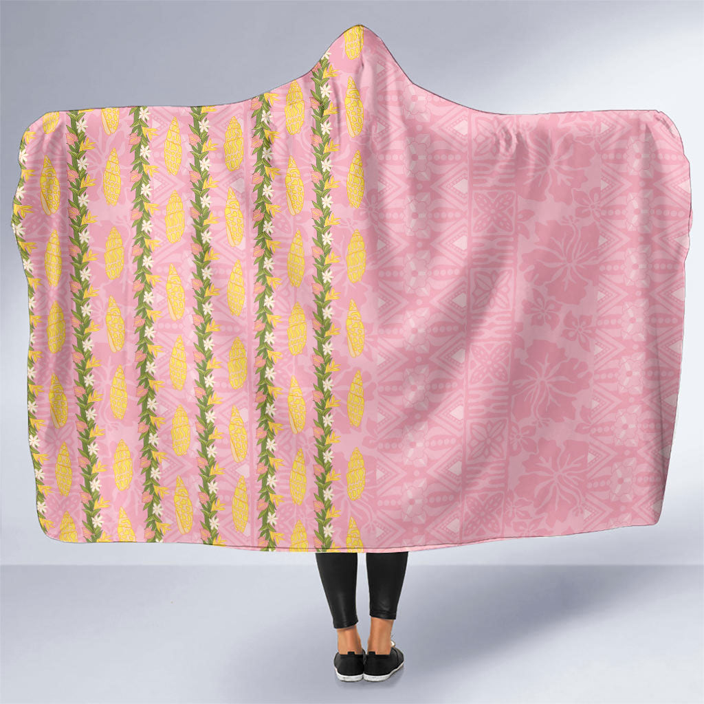 Hawaii Shell Tiare Anthurium Heliconia Lei Hooded Blanket With Tapa Pattern Baby Pink
