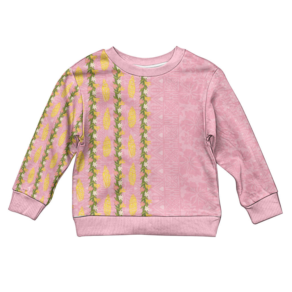 Hawaii Shell Tiare Anthurium Heliconia Lei Kid Ugly Christmas Sweater With Tapa Pattern Baby Pink LT05 Kid Pink - Polynesian Pride