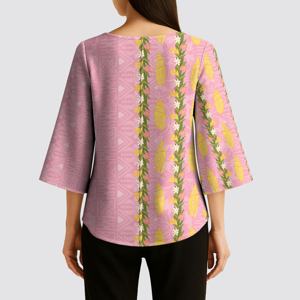 Hawaii Shell Tiare Anthurium Heliconia Lei Kimono Sleeve Blouse With Tapa Pattern Baby Pink