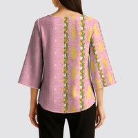Hawaii Shell Tiare Anthurium Heliconia Lei Kimono Sleeve Blouse With Tapa Pattern Baby Pink
