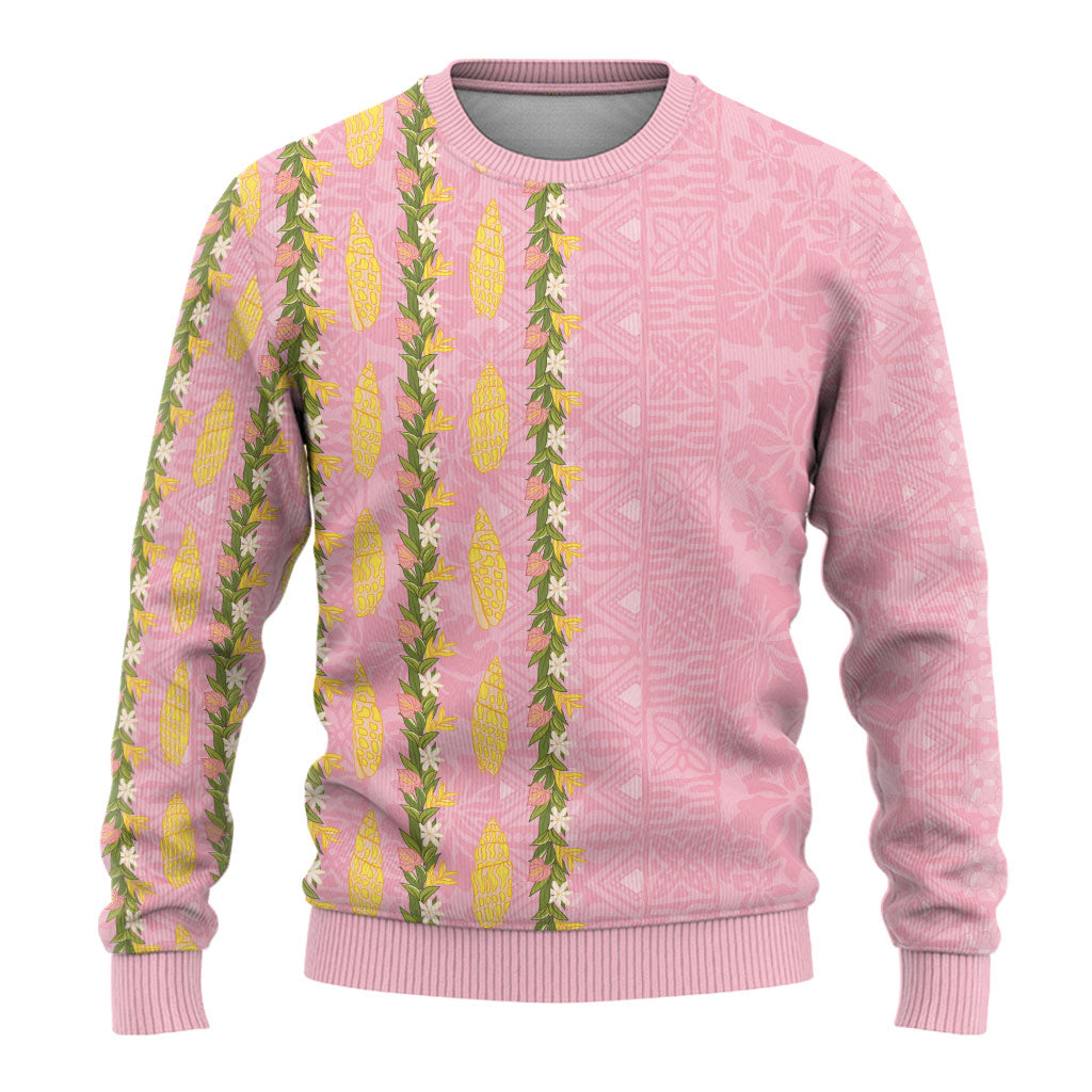 Hawaii Shell Tiare Anthurium Heliconia Lei Ugly Christmas Sweater With Tapa Pattern Baby Pink LT05 - Polynesian Pride