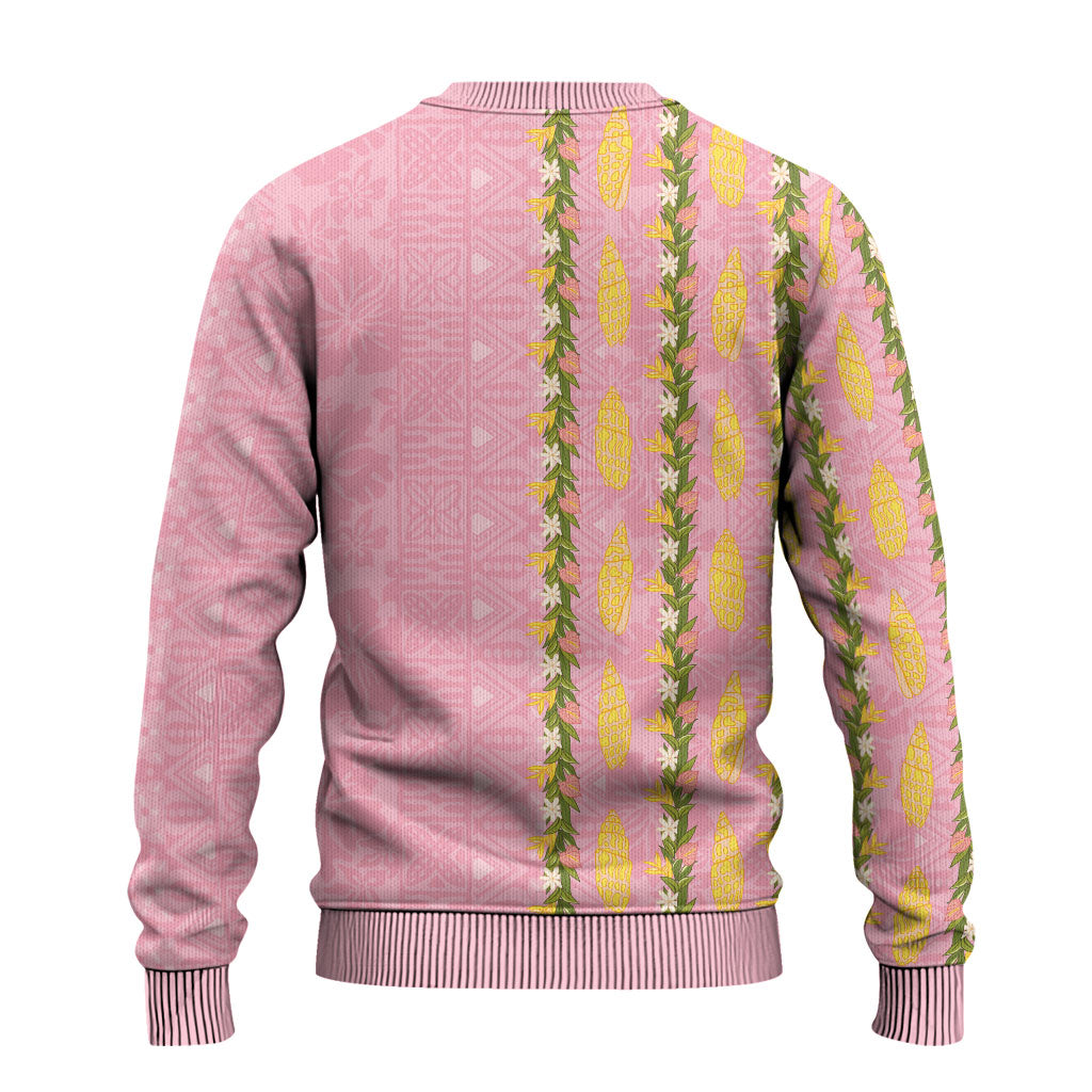 Hawaii Shell Tiare Anthurium Heliconia Lei Ugly Christmas Sweater With Tapa Pattern Baby Pink LT05 - Polynesian Pride