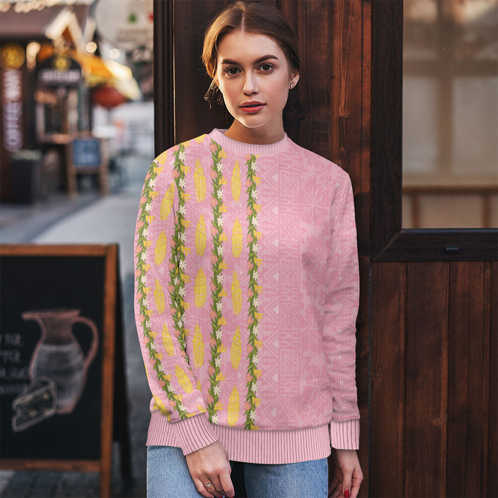 Hawaii Shell Tiare Anthurium Heliconia Lei Ugly Christmas Sweater With Tapa Pattern Baby Pink LT05 - Polynesian Pride