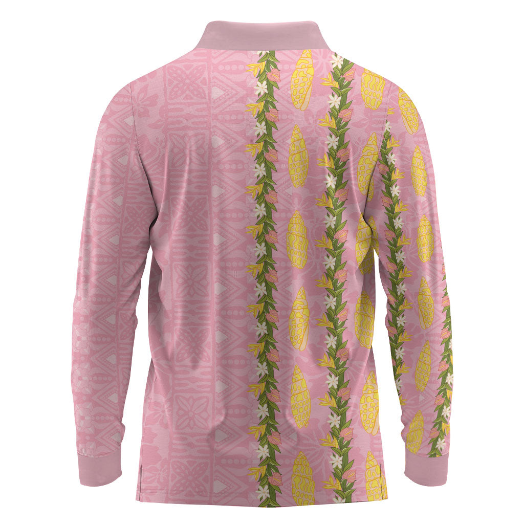 Hawaii Shell Tiare Anthurium Heliconia Lei Long Sleeve Polo Shirt With Tapa Pattern Baby Pink