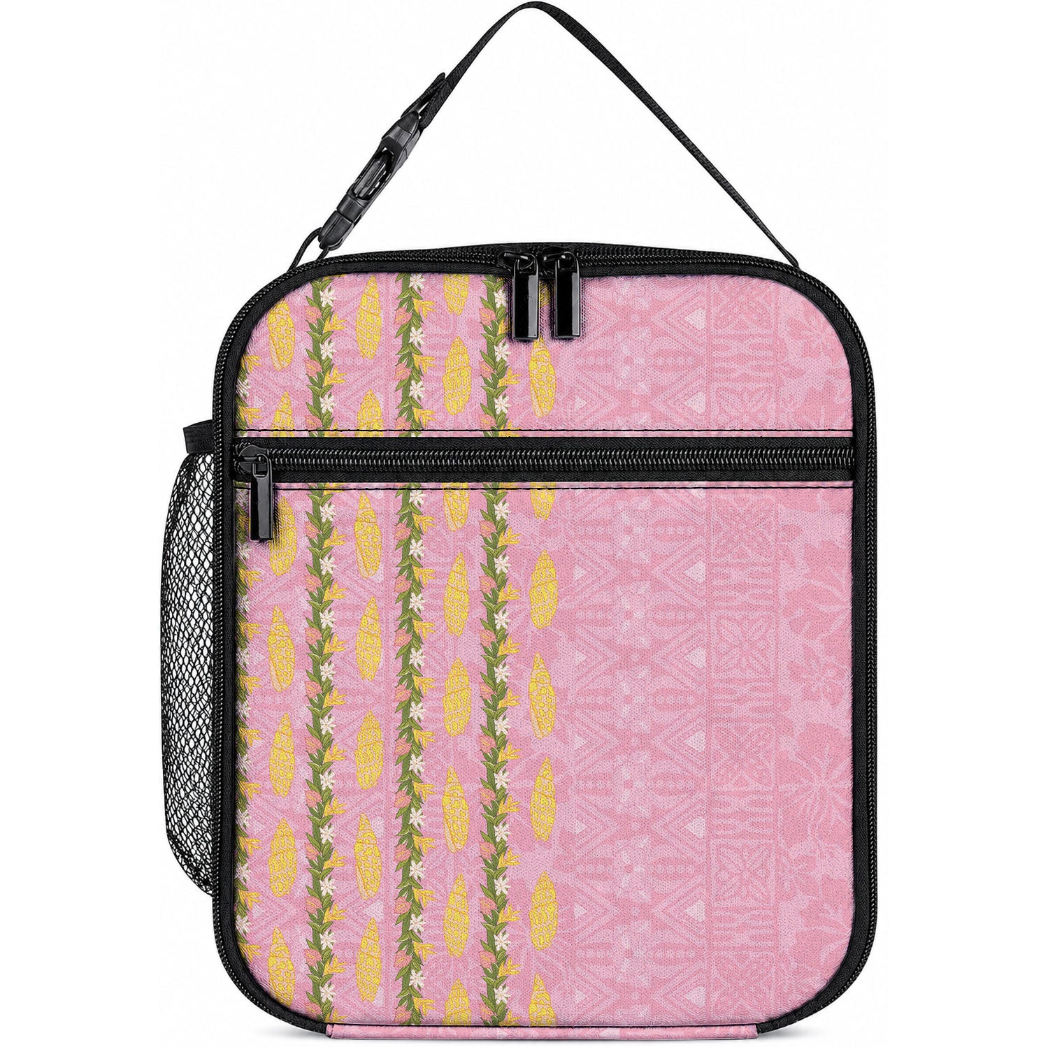 Hawaii Shell Tiare Anthurium Heliconia Lei Lunch Bag With Tapa Pattern Baby Pink LT05 10.2 × 8.3 × 4.3 inch Pink - Polynesian Pride