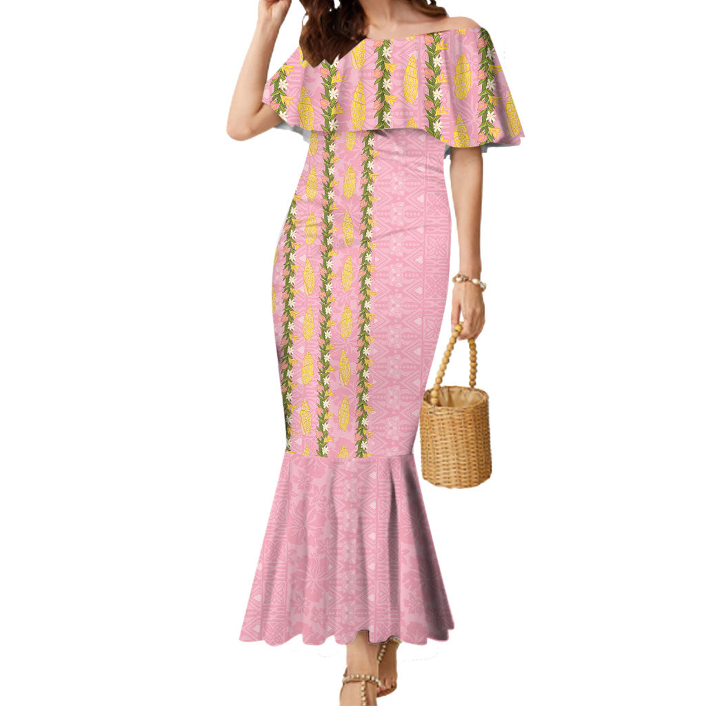 Hawaii Shell Tiare Anthurium Heliconia Lei Mermaid Dress With Tapa Pattern Baby Pink