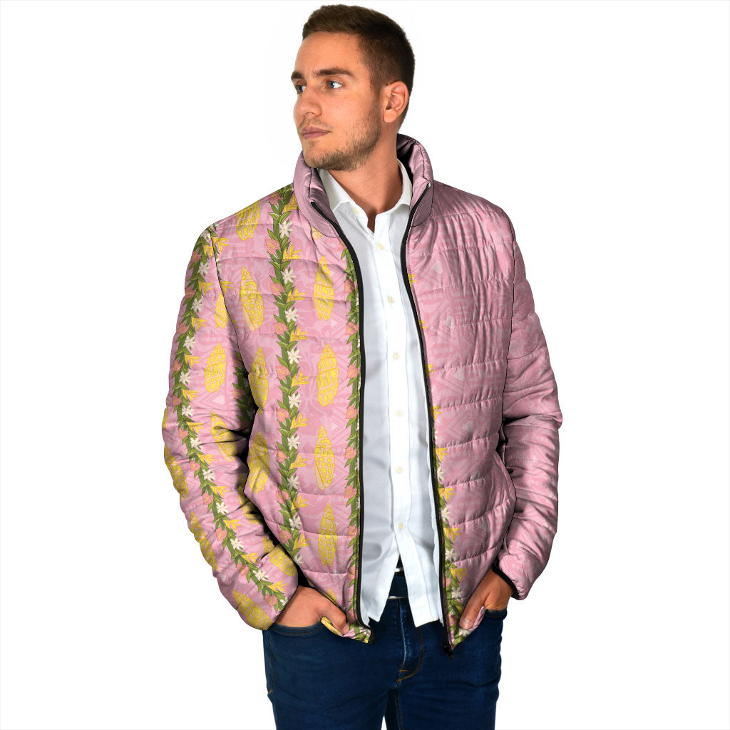 Hawaii Shell Tiare Anthurium Heliconia Lei Padded Jacket With Tapa Pattern Baby Pink