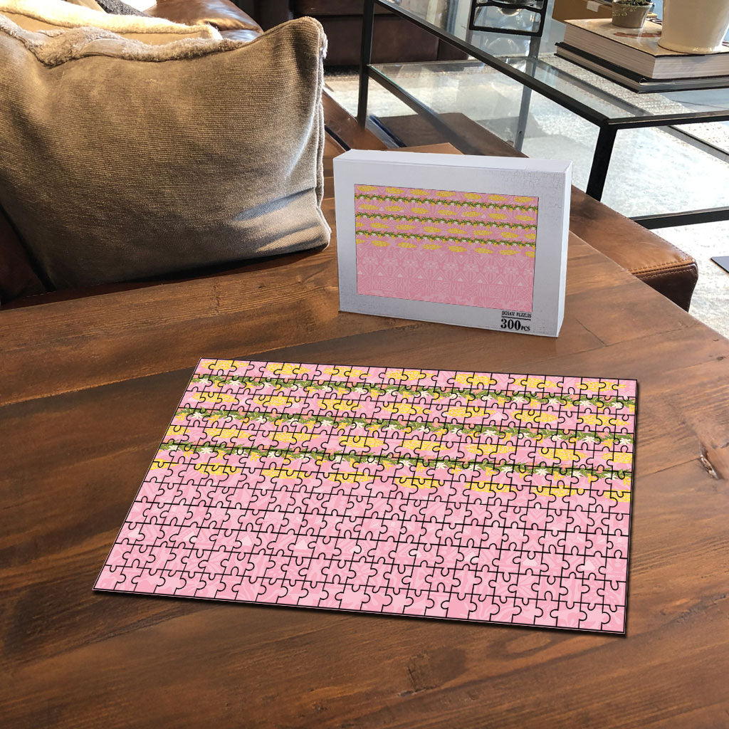 Hawaii Shell Tiare Anthurium Heliconia Lei Puzzle With Tapa Pattern Baby Pink