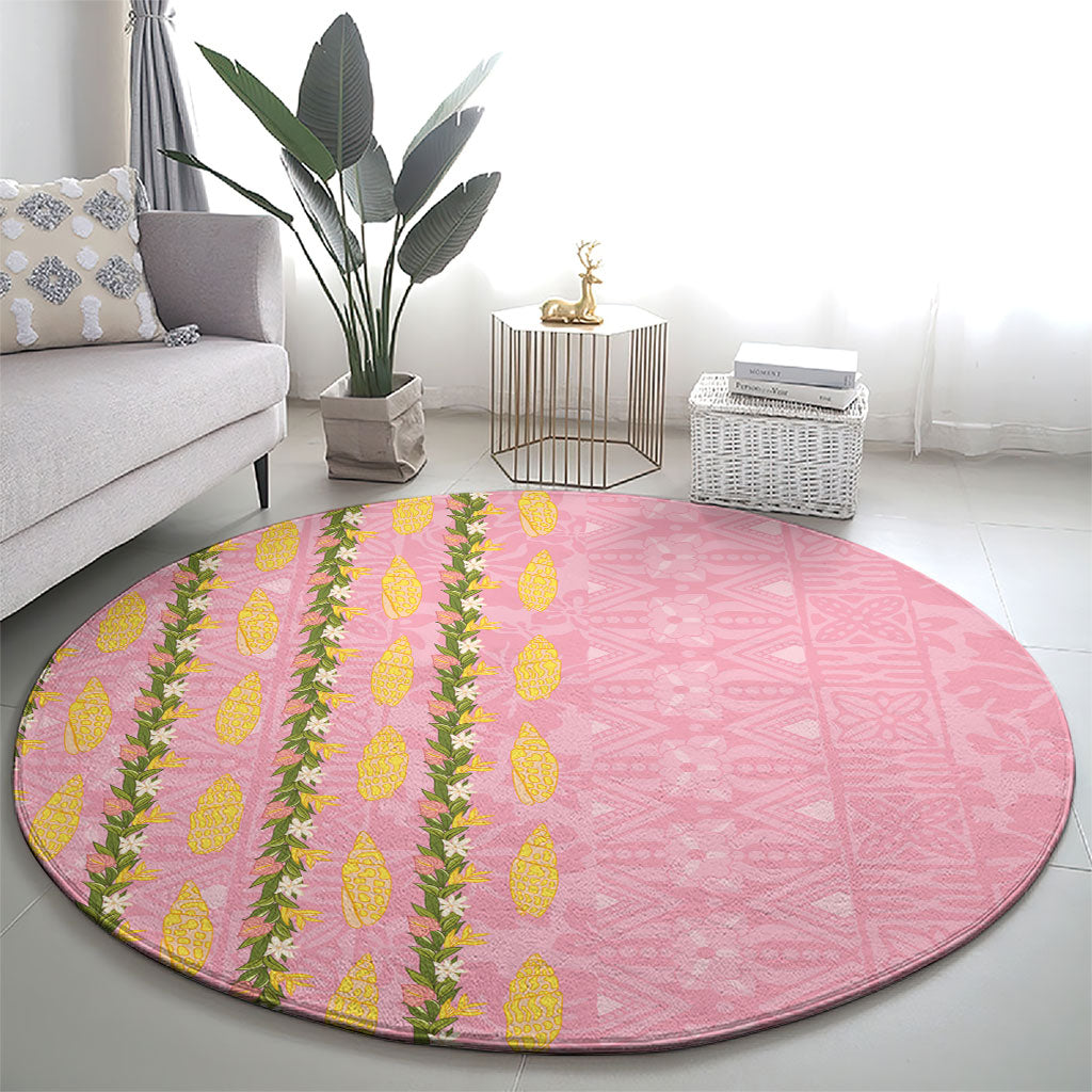 Hawaii Shell Tiare Anthurium Heliconia Lei Round Carpet With Tapa Pattern Baby Pink