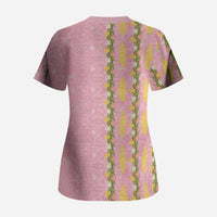 Hawaii Shell Tiare Anthurium Heliconia Lei Scrub Top With Tapa Pattern Baby Pink