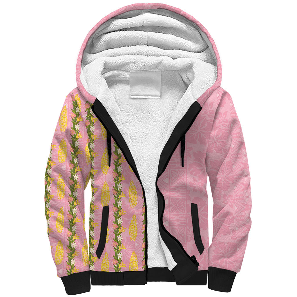 Hawaii Shell Tiare Anthurium Heliconia Lei Sherpa Hoodie With Tapa Pattern Baby Pink