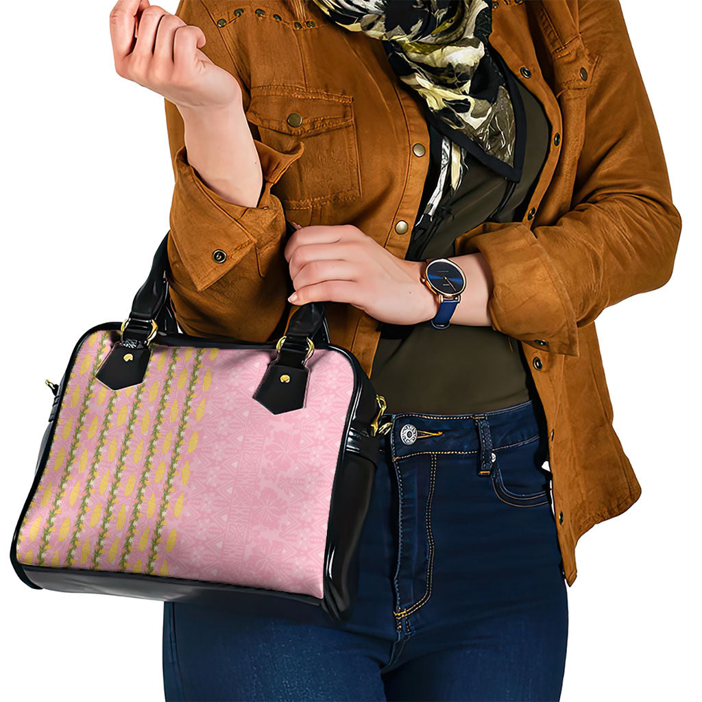 Hawaii Shell Tiare Anthurium Heliconia Lei Shoulder Handbag With Tapa Pattern Baby Pink