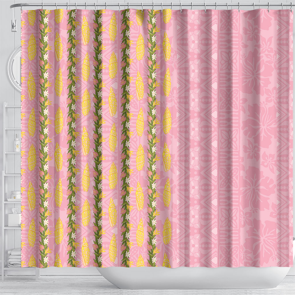 Hawaii Shell Tiare Anthurium Heliconia Lei Shower Curtain With Tapa Pattern Baby Pink