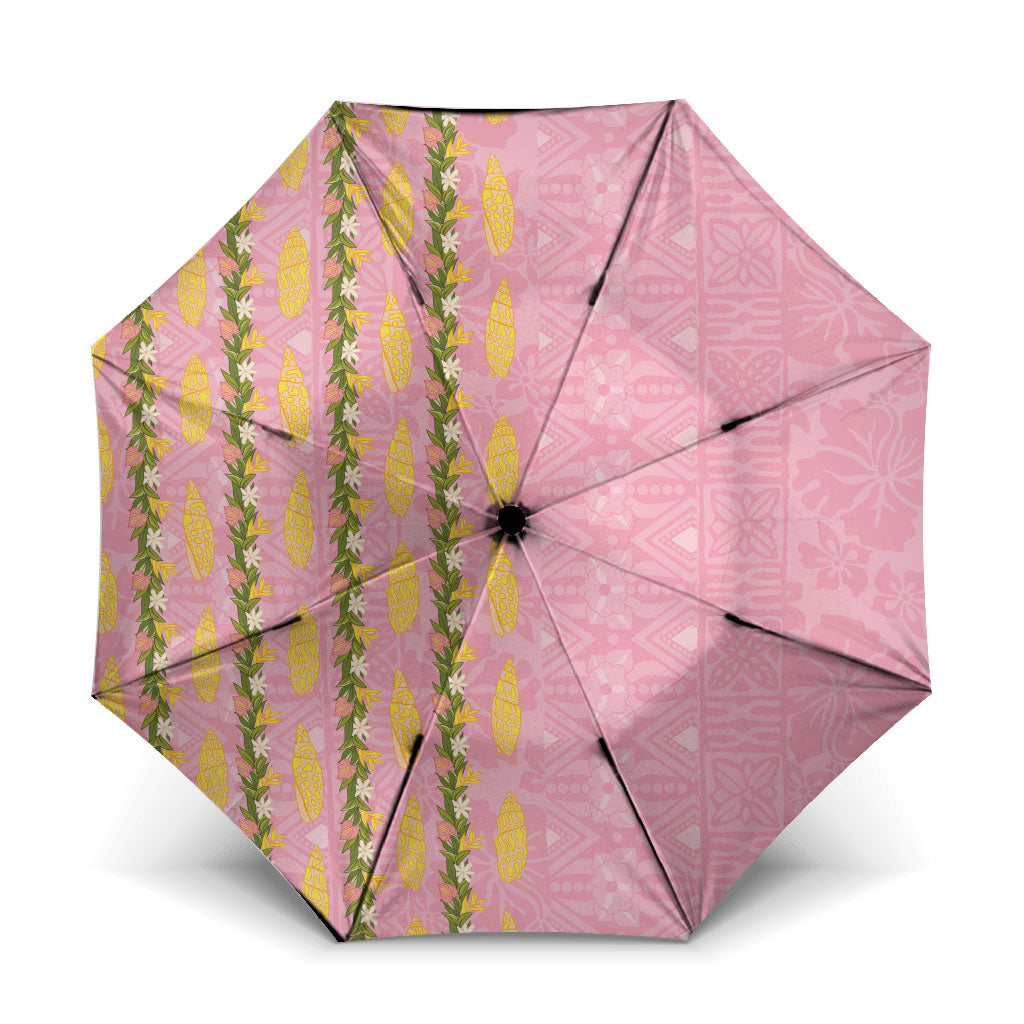 Hawaii Shell Tiare Anthurium Heliconia Lei Umbrella With Tapa Pattern Baby Pink