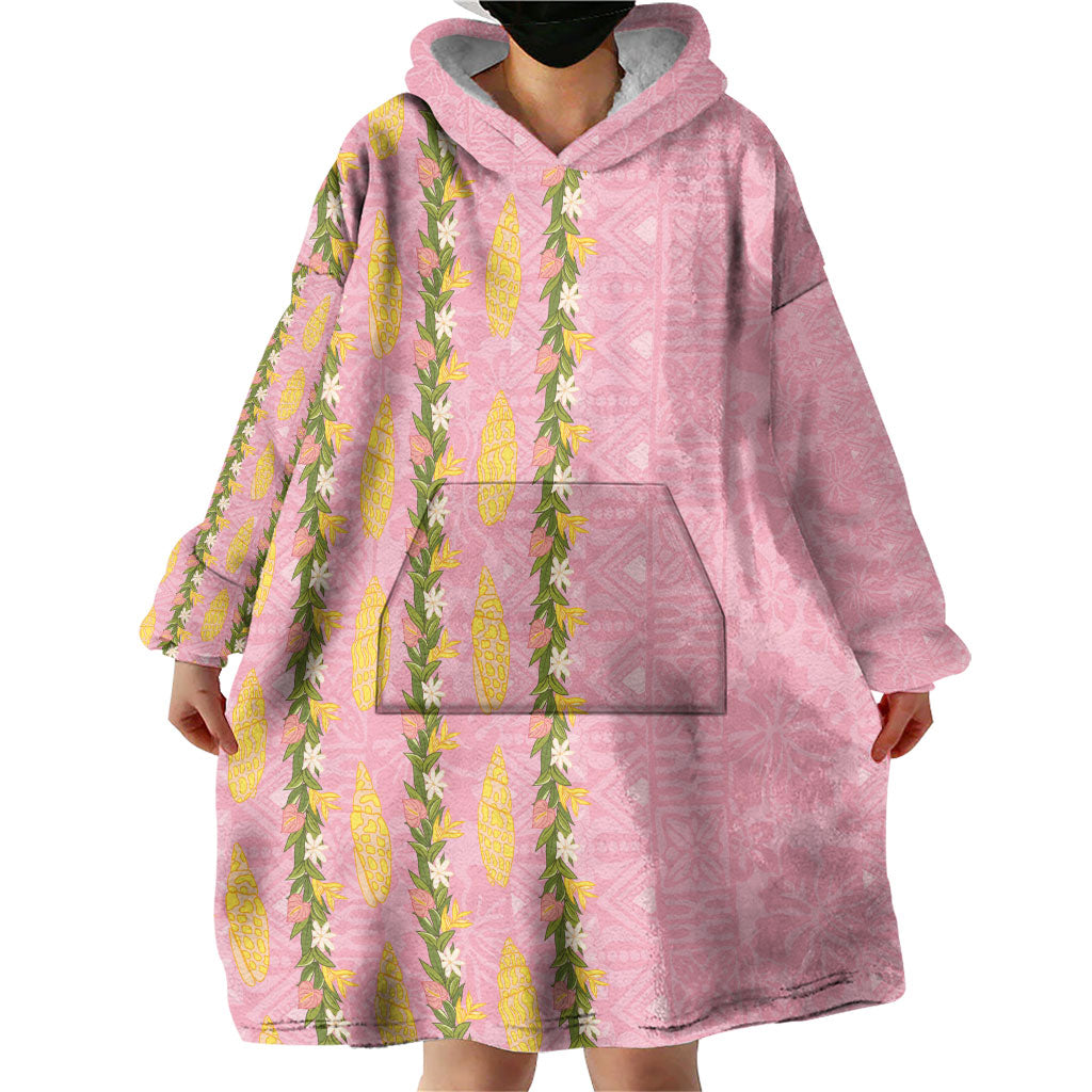 Hawaii Shell Tiare Anthurium Heliconia Lei Wearable Blanket Hoodie With Tapa Pattern Baby Pink