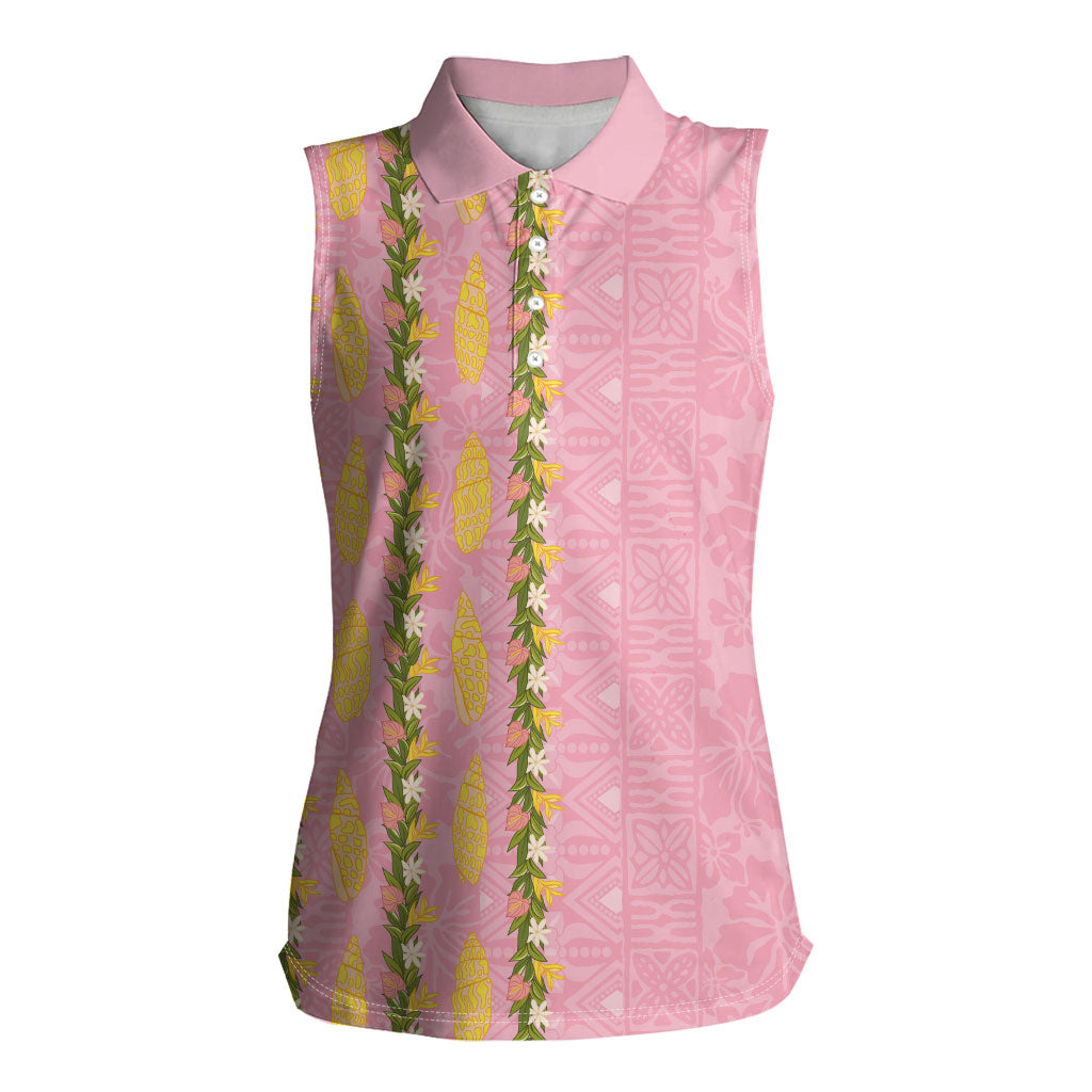 Hawaii Shell Tiare Anthurium Heliconia Lei Women Sleeveless Polo Shirt With Tapa Pattern Baby Pink