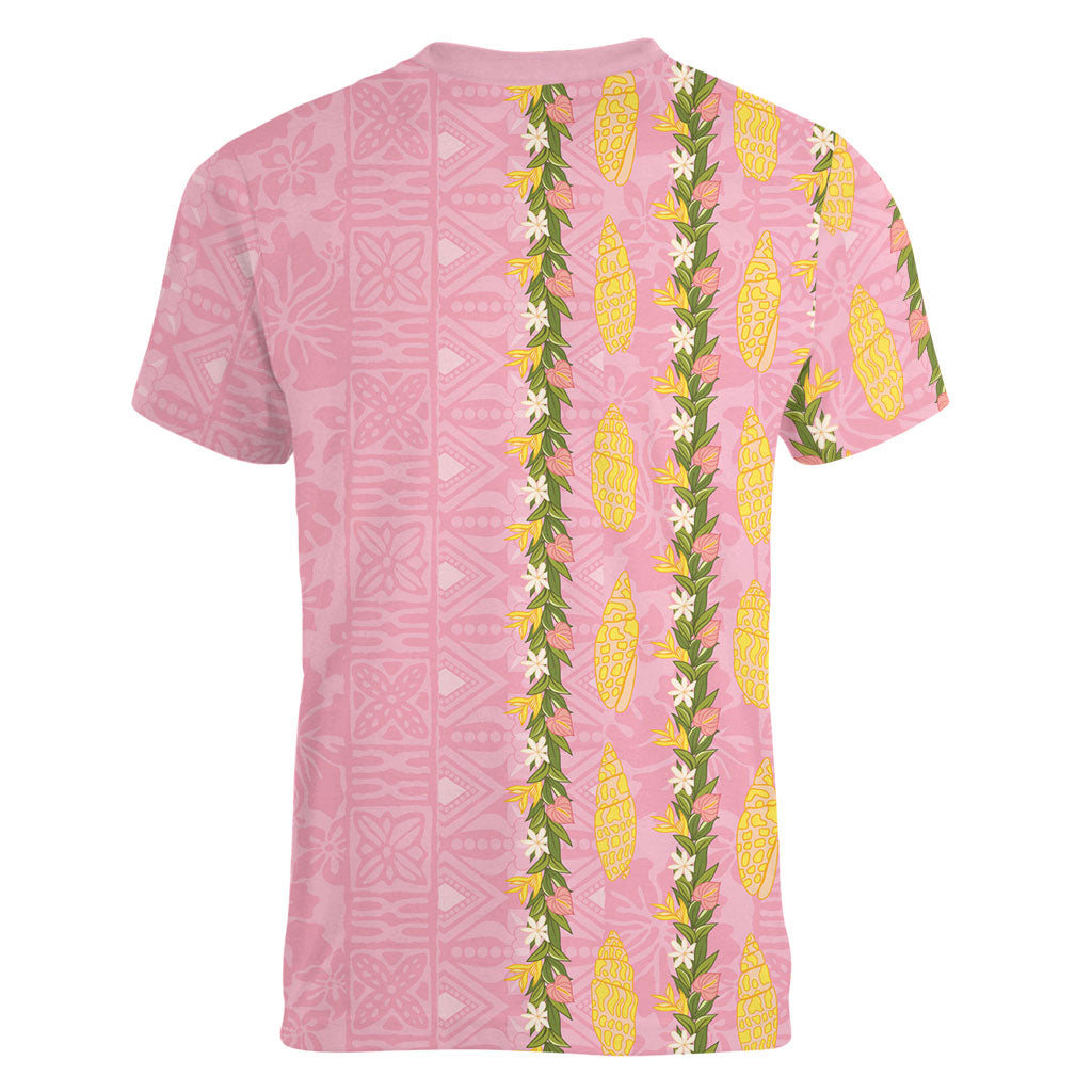 Hawaii Shell Tiare Anthurium Heliconia Lei Women V-Neck T-Shirt With Tapa Pattern Baby Pink