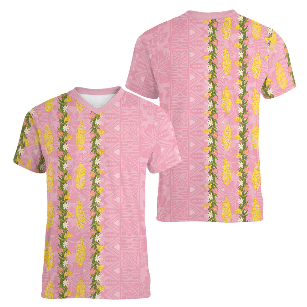 Hawaii Shell Tiare Anthurium Heliconia Lei Women V-Neck T-Shirt With Tapa Pattern Baby Pink