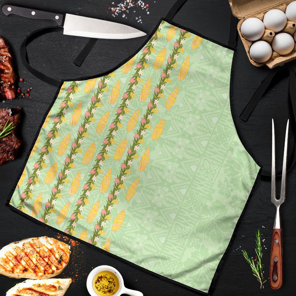 Hawaii Shell Tiare Anthurium Heliconia Lei Apron With Tapa Pattern Baby Green