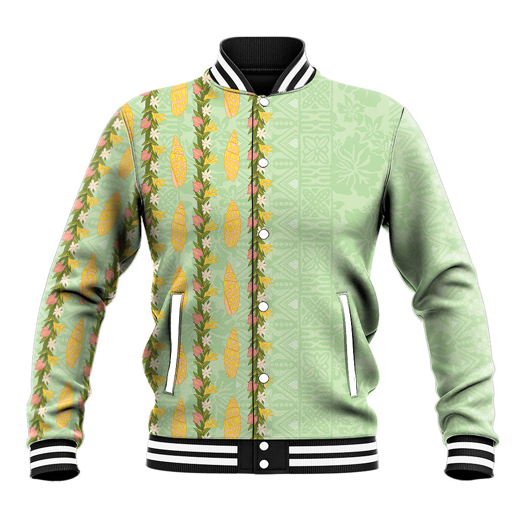 Hawaii Shell Tiare Anthurium Heliconia Lei Baseball Jacket With Tapa Pattern Baby Green LT05 Unisex Green - Polynesian Pride