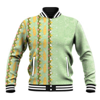 Hawaii Shell Tiare Anthurium Heliconia Lei Baseball Jacket With Tapa Pattern Baby Green