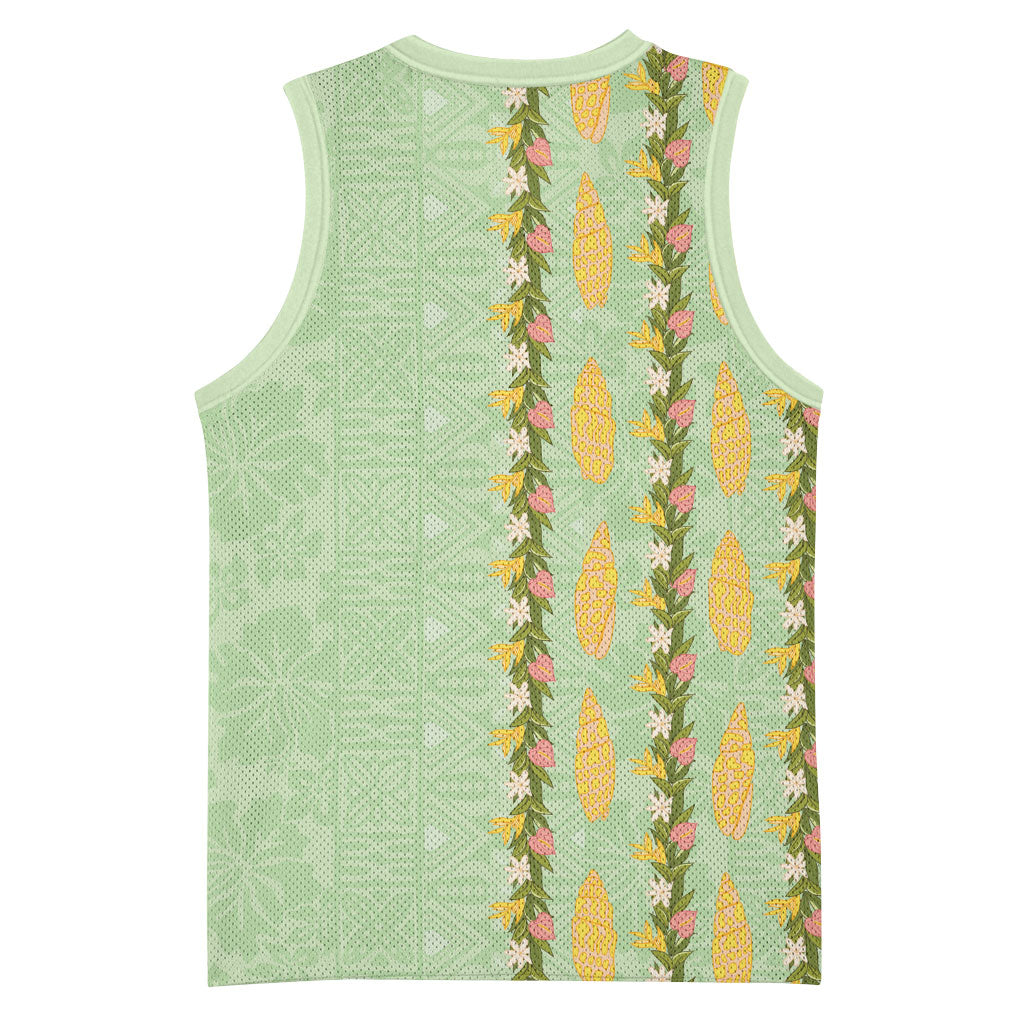 Hawaii Shell Tiare Anthurium Heliconia Lei Basketball Jersey With Tapa Pattern Baby Green