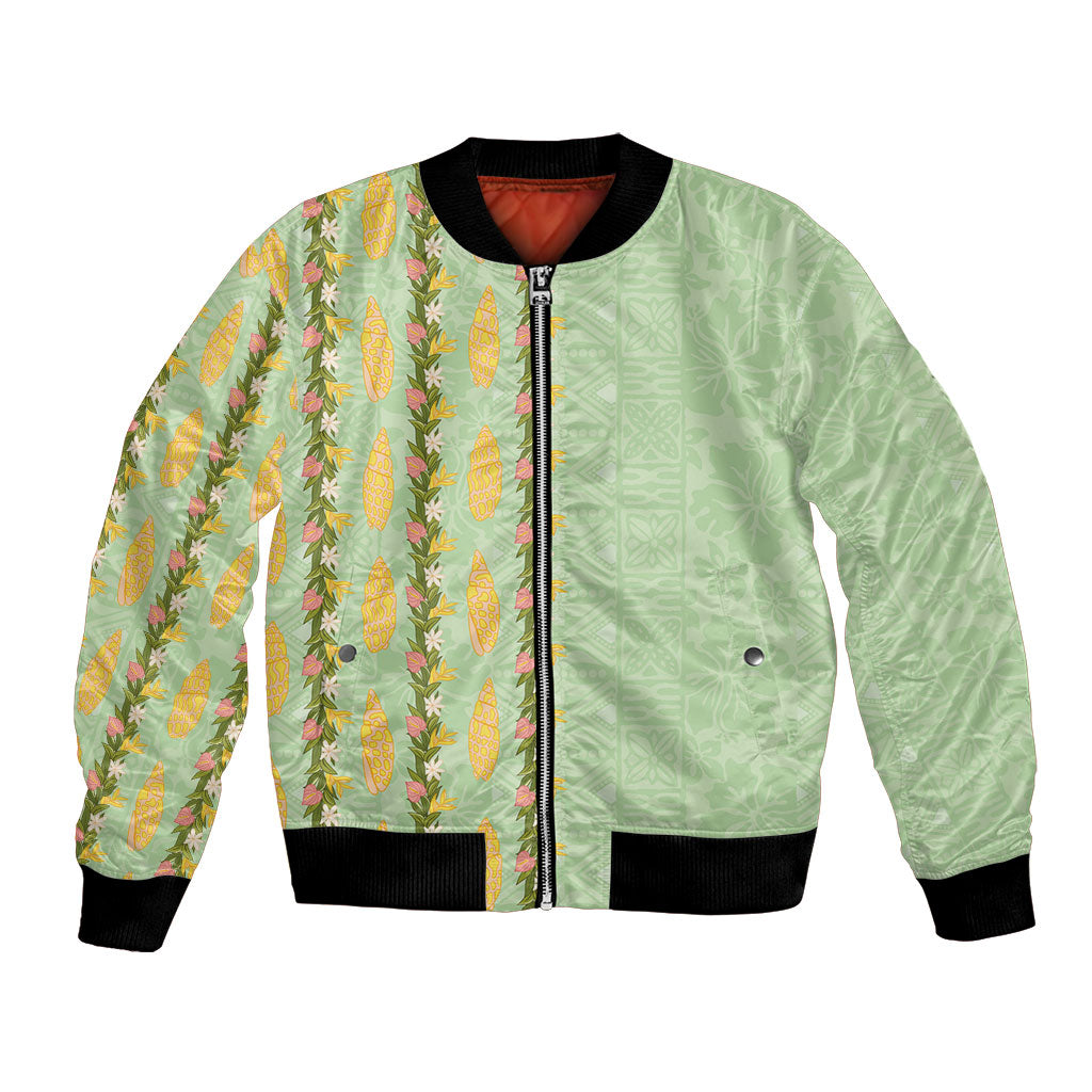 Hawaii Shell Tiare Anthurium Heliconia Lei Bomber Jacket With Tapa Pattern Baby Green LT05 Unisex Green - Polynesian Pride