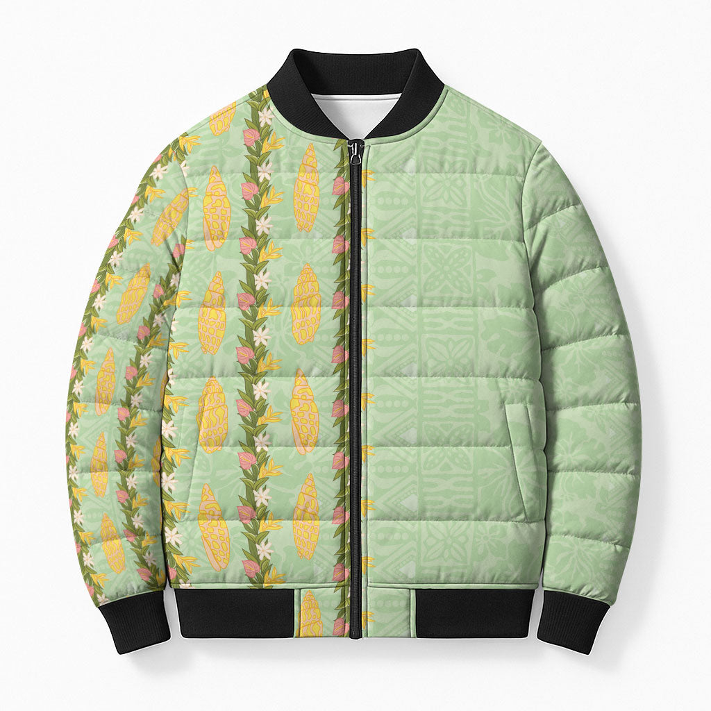 Hawaii Shell Tiare Anthurium Heliconia Lei Bomber Puffer Jacket With Tapa Pattern Baby Green LT05 Unisex Green - Polynesian Pride