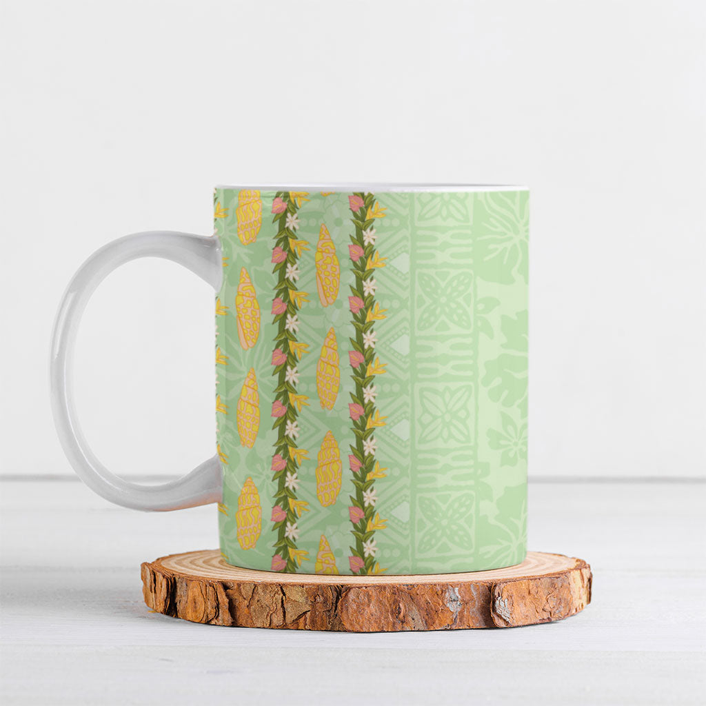 Hawaii Shell Tiare Anthurium Heliconia Lei Ceramic Mug With Tapa Pattern Baby Green LT05 Green - Polynesian Pride