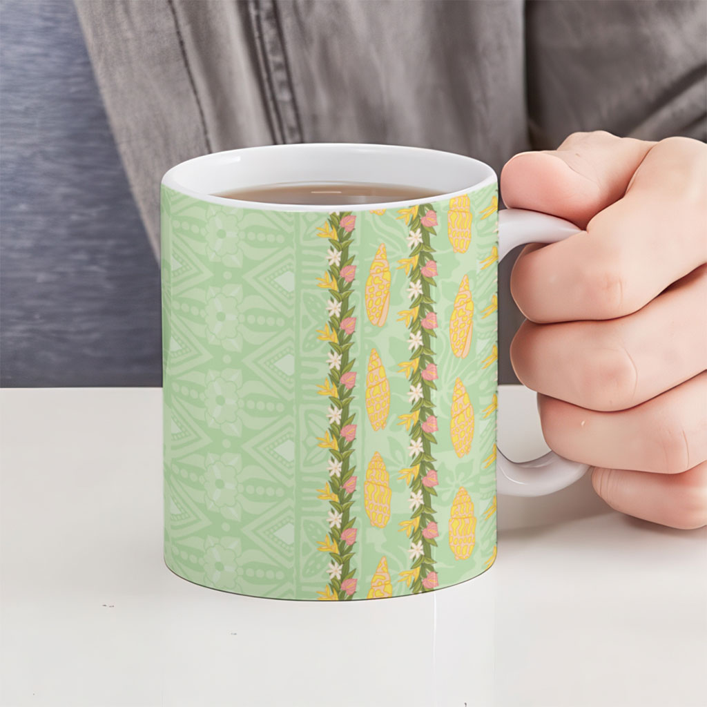 Hawaii Shell Tiare Anthurium Heliconia Lei Ceramic Mug With Tapa Pattern Baby Green