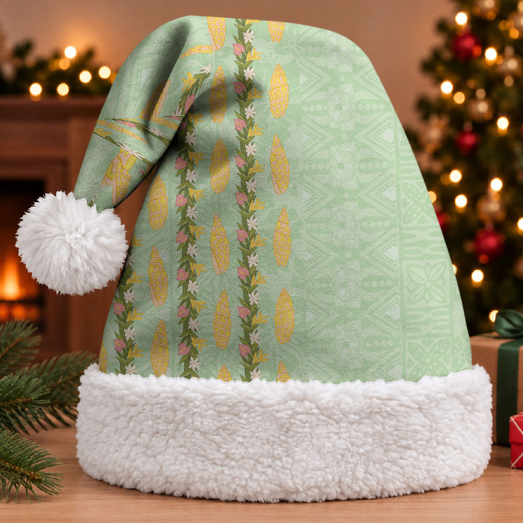 Hawaii Shell Tiare Anthurium Heliconia Lei Christmas Santa Hat With Tapa Pattern Baby Green