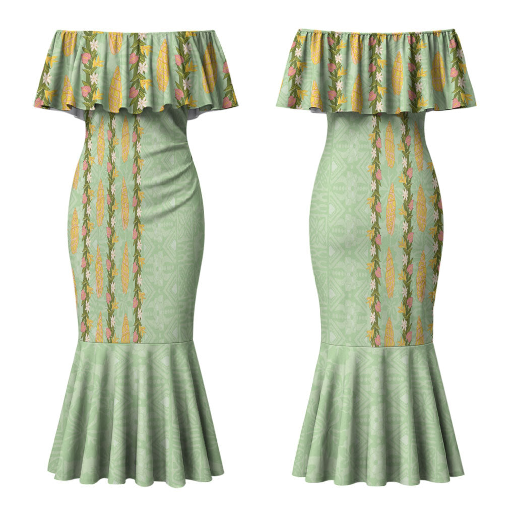 Hawaii Shell Tiare Anthurium Heliconia Lei Couples Matching Mermaid Dress and Hawaiian Shirt With Tapa Pattern Baby Green LT05 - Polynesian Pride