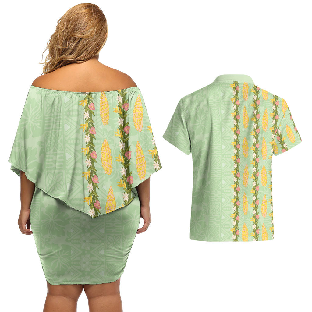 Hawaii Shell Tiare Anthurium Heliconia Lei Couples Matching Off Shoulder Short Dress and Hawaiian Shirt With Tapa Pattern Baby Green