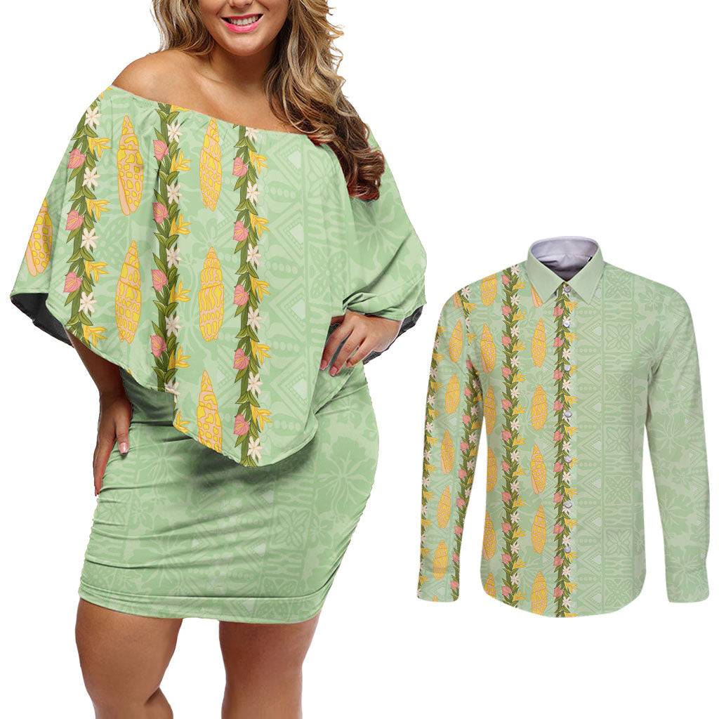 Hawaii Shell Tiare Anthurium Heliconia Lei Couples Matching Off Shoulder Short Dress and Long Sleeve Button Shirt With Tapa Pattern Baby Green